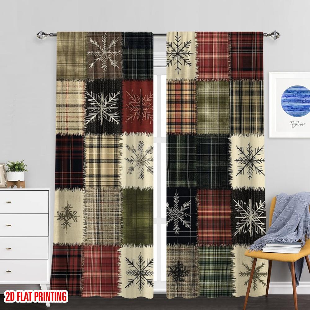 Set Of 2 Flat Printing Curtain Snowflake Plaid Durable Polyester Fabric Without Electricity Festive Backdrops Holiday