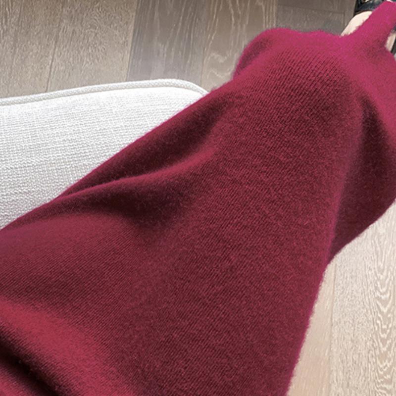 Autumn Winter Women's Red Knitted Half Skirt High Waist Knee-Length Bodycon Pencil Skirt Slim-Fit Wool Skirt