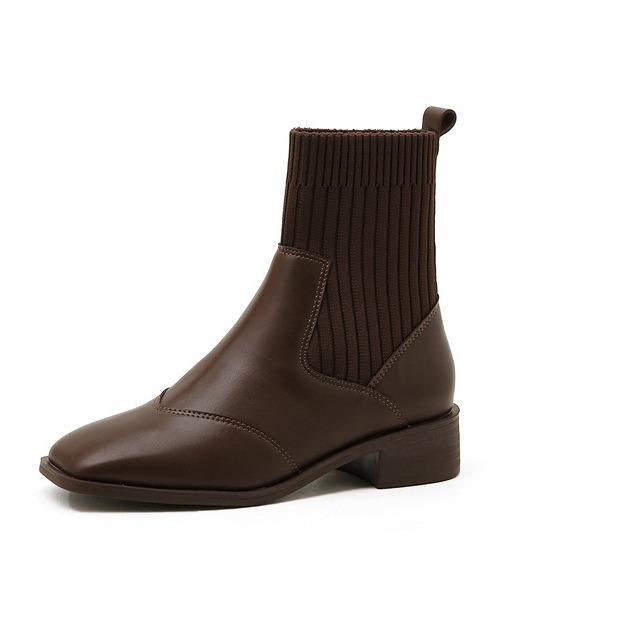 Grape Mom Boots Women's Coarse Heel Elastic Socks Short Boots Autumn and Winter Square Head Leather Martin Boots Flying Knitting Socks Boots Squar