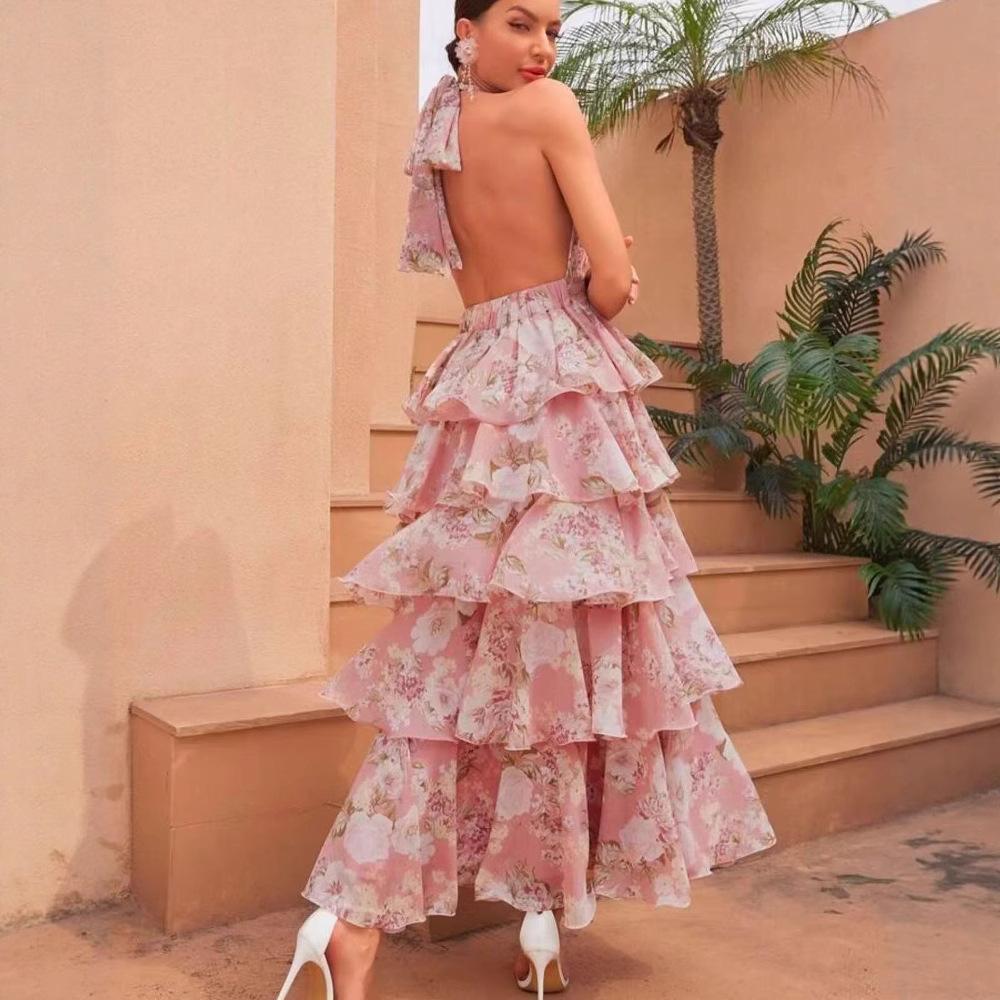 New In Spring, European and American Women's Dress Is Fashionable and Sexy V-neck Suspender Multi-layer Printed Dress