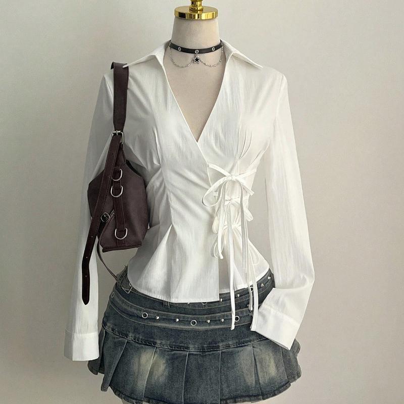 

Harajuku Women s Shirt Unique Aesthetic Solid Color Slim Fit Sexy Y2K Girls Tie-Waist Gothic Street Style Casual V-Neck Tops XS белый