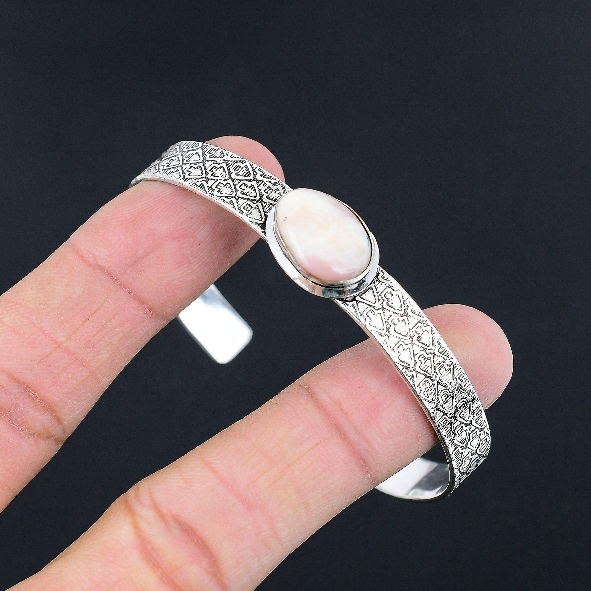 

Mothers day Sale Sterling Silver Oval Pink Opal Gemstone Sister Bangle Bracelet Adjustable