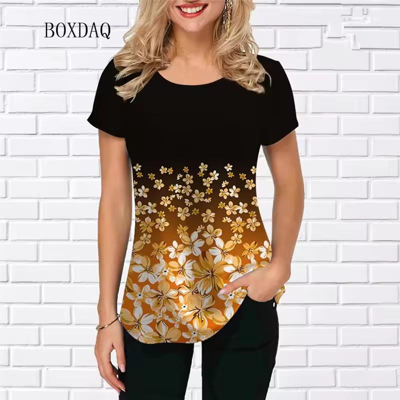 Květinová dámská trička Letní krátký rukáv Kulatý výstřih Ležérní dámské tričko Květinový 3D potisk Streetwear Dámské topy Trička Oversized