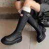 2025 New Leather Version Outdoor Rain Boots Women's High-Cut Knight Boots Knee-High Long Boots Thick Bottom Round Toe