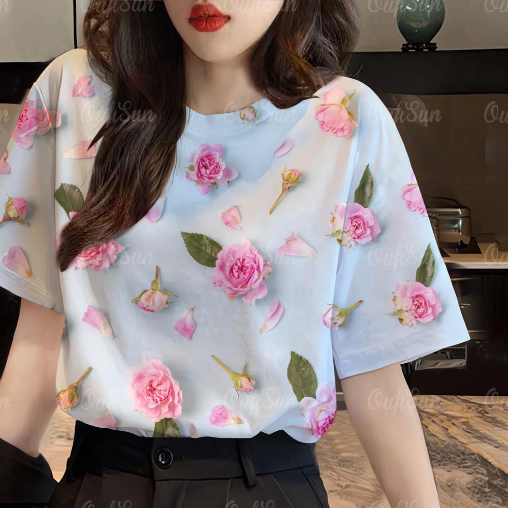 

Pink beige flower 3D printed women s short sleeved T-shirt Korean clothing short sleeved shirt 6XL