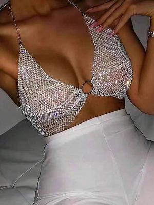 Rose Beauty A  Festival Rhinestone Body Chest Chain O-ring  Party Bra Linked Backless Crop Halter Club Top