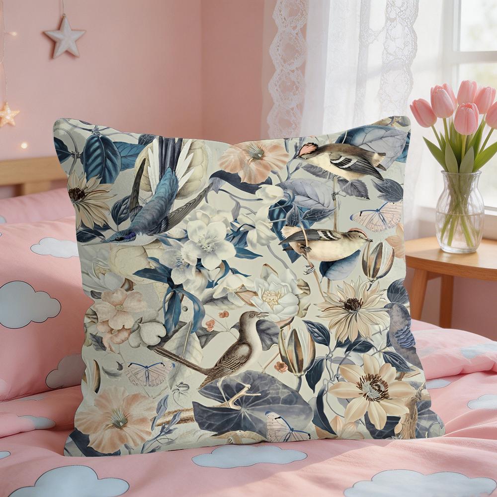 Lovely Bird Retro Cushion Cover Square Short Plush Pillow Case Living Room Sofa Home Decor Funda X