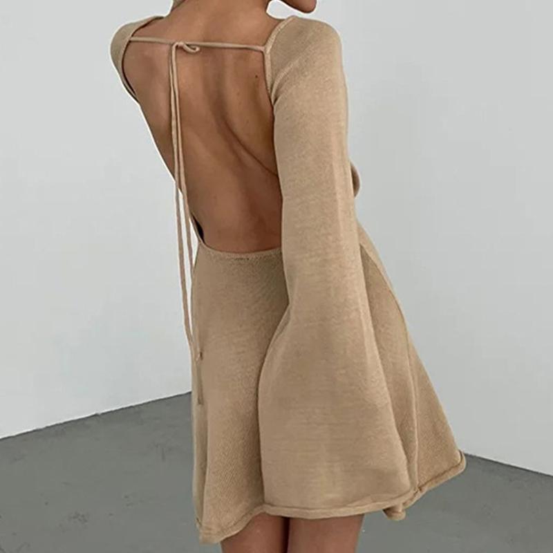 New Sexy Backless Round Collar Cover-Ups Solid Color Knit Beachwear Stylish Horn Sleeve Beach Suit Female Holiday Wrap Dress