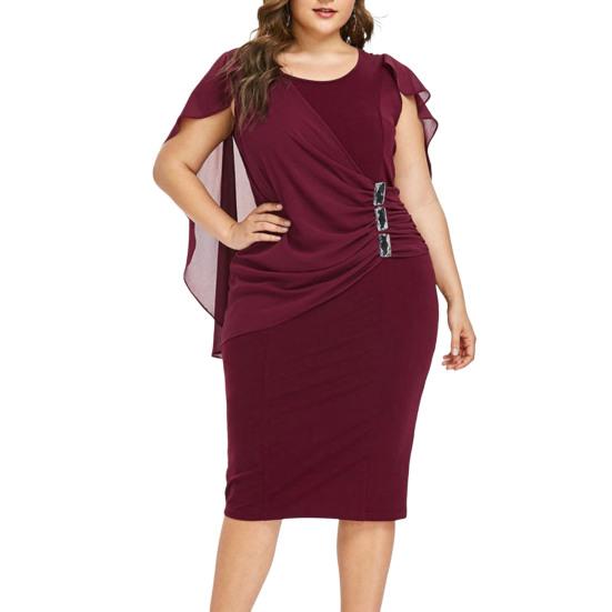 O-Neck Short Sleeve Chiffon Shawl Pleated Decor Women Dress Solid Color Plus
