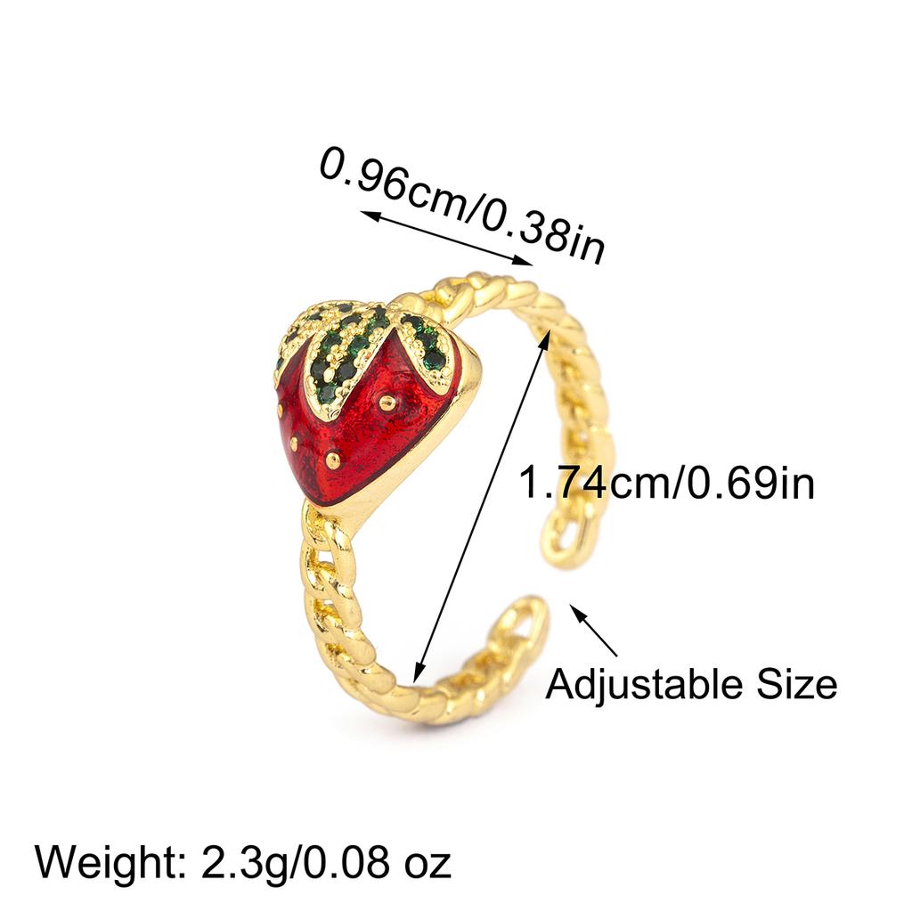 Nidin New Fashion Strawberry Shape Enamel Dripping Oil Open Rings For Women Female Inlaid Green Zircon Adjustable Finger Jewelry