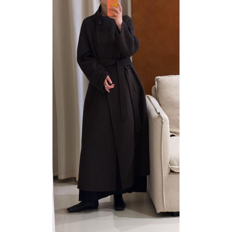 Womens Double-Faced Wool Alpaca Blend Long Coat With Oversized Notched Collar Slim Fit Winter Outerwear