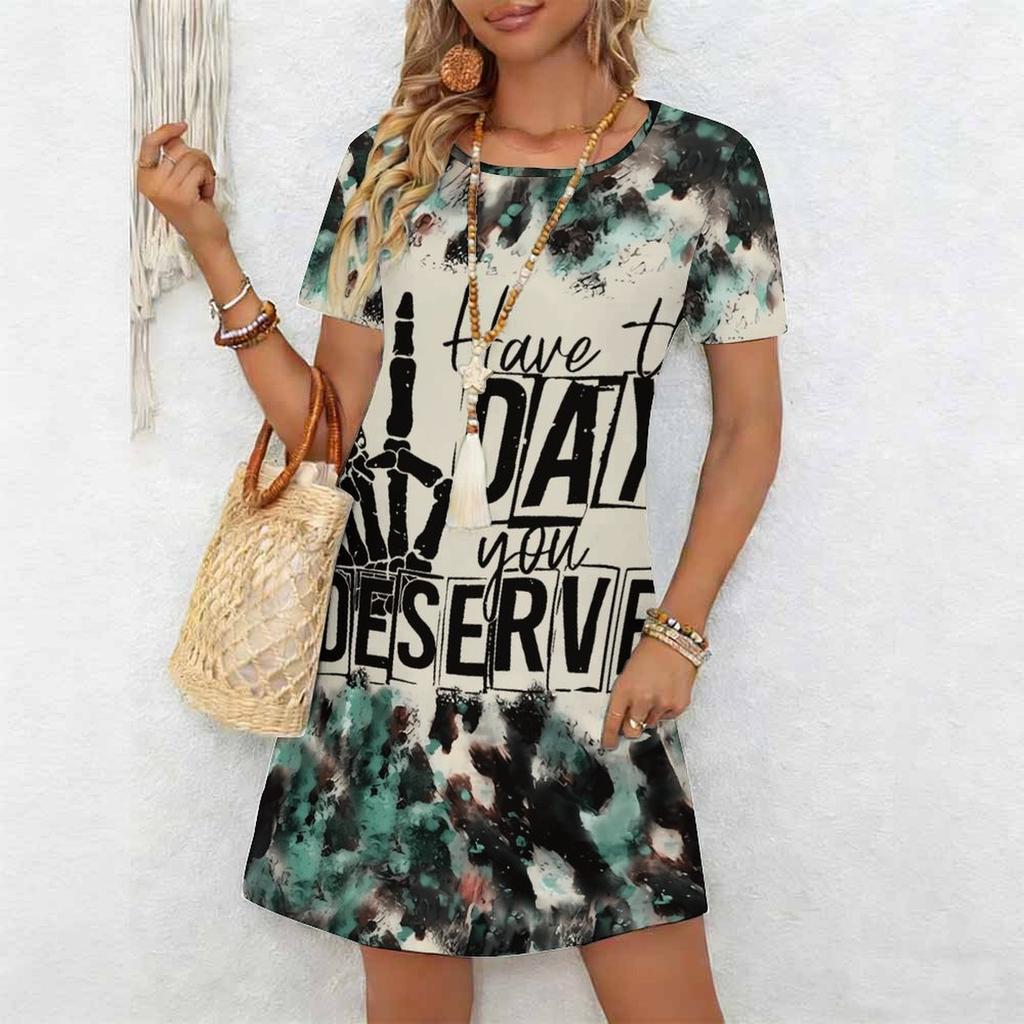 Plus Size Ladies Crew Neck Short Sleeve Dress Soft Retro Floral Print For Casual Downtown Stroll