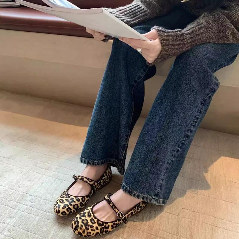 Autumn and Winter Leopard Print Mary Jane Single Shoes Women's Niche Thick Heel Ballet Shoes One-word Buckle Flat Bottom Shallow Mouth Ladyshoes