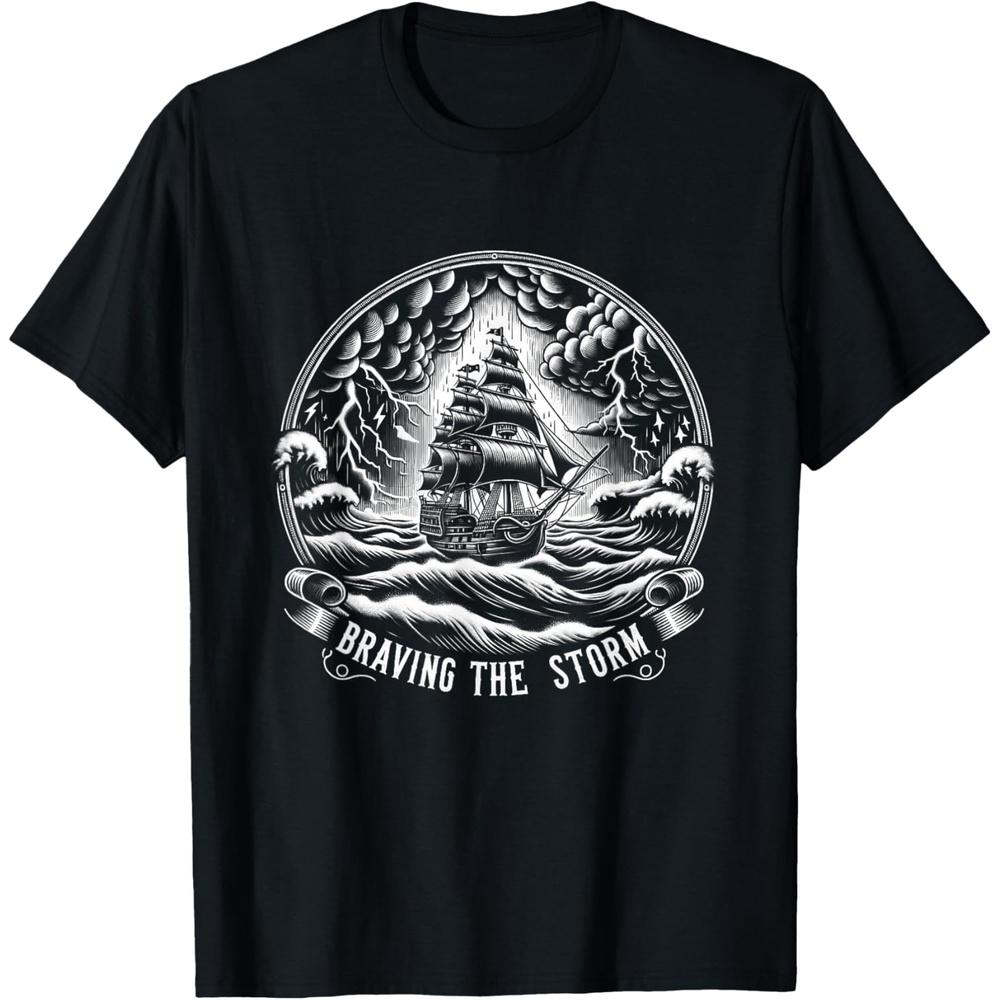 Nautical Sailing Ship Storm Adventure Tee, Braving the Storm T-Shirt M