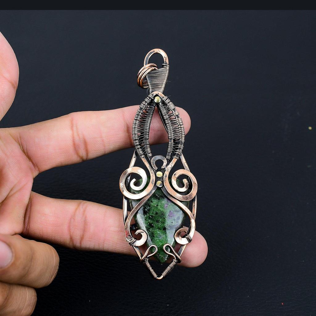 Ruby Zoisite Gemstone Pure Copper Wire Wrapped Handmade Pendant Jewelry Gift