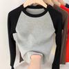 Vintage Color Block Raglan High Waist Long Sleeve Cotton T Shirt For Women