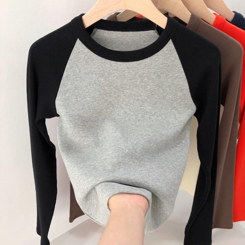 Vintage Color Block Raglan High Waist Long Sleeve Cotton T Shirt For Women