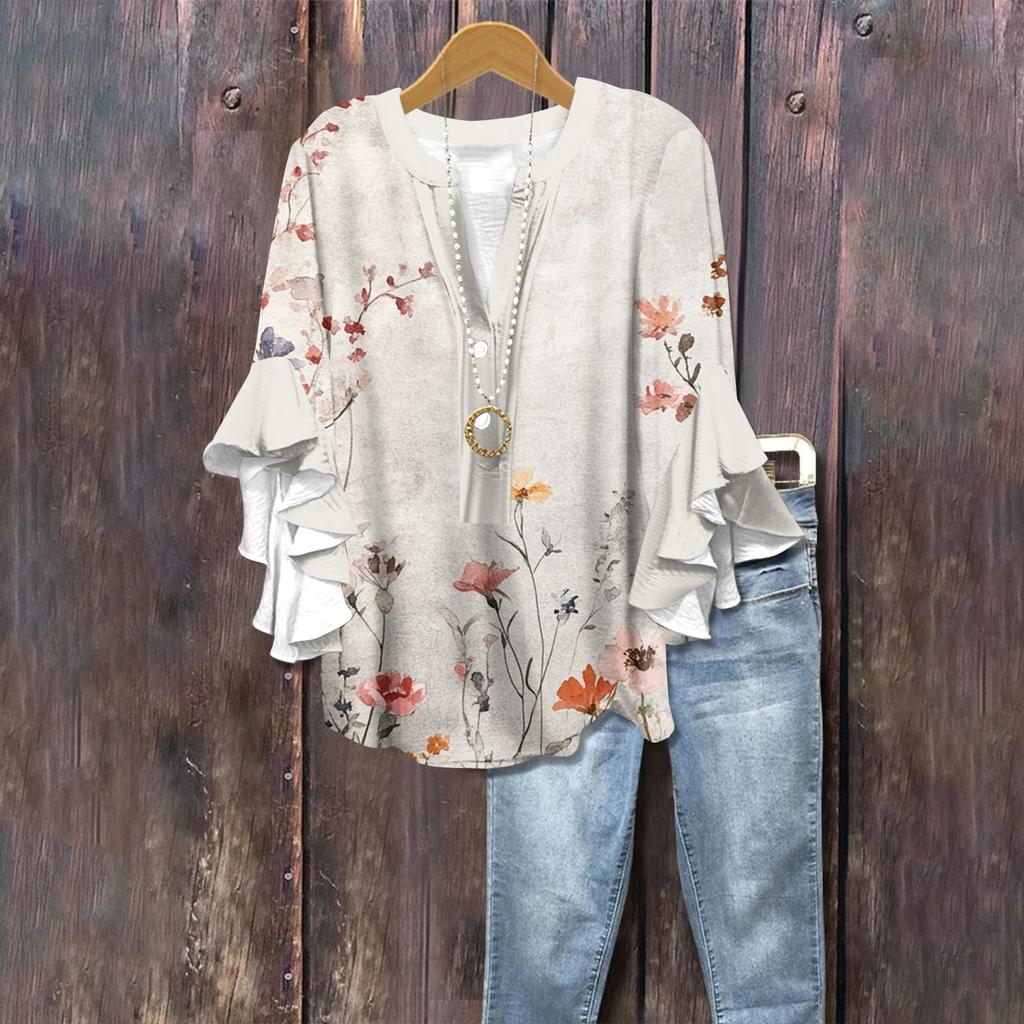 Summer Tops For Women Cute V Neck 3/4 Sleeve Blouses Floral Print Top Casual Shirts