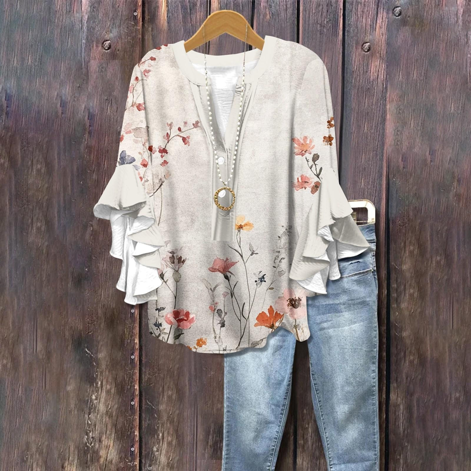

Summer Tops For Women Cute V Neck 3/4 Sleeve Blouses Floral Print Top Casual Shirts XL
