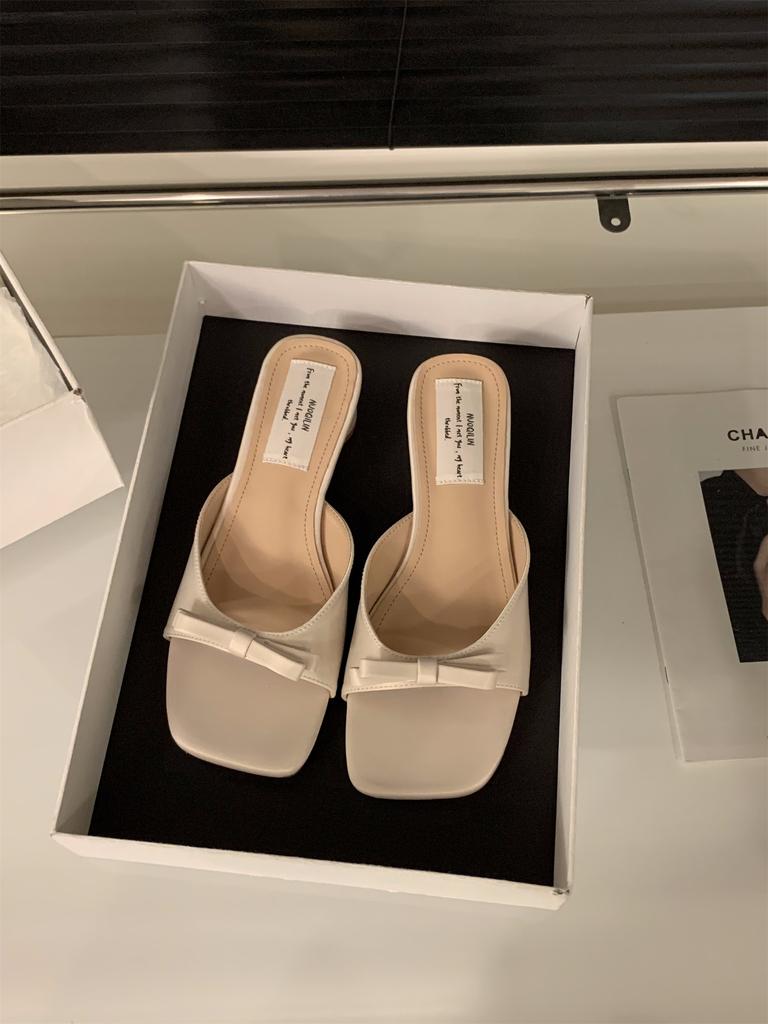 Thick Heel Pink French Cool Slippers Fairy Shoes Outer Wear 2025 New Summer with Skirt Bow Sandals