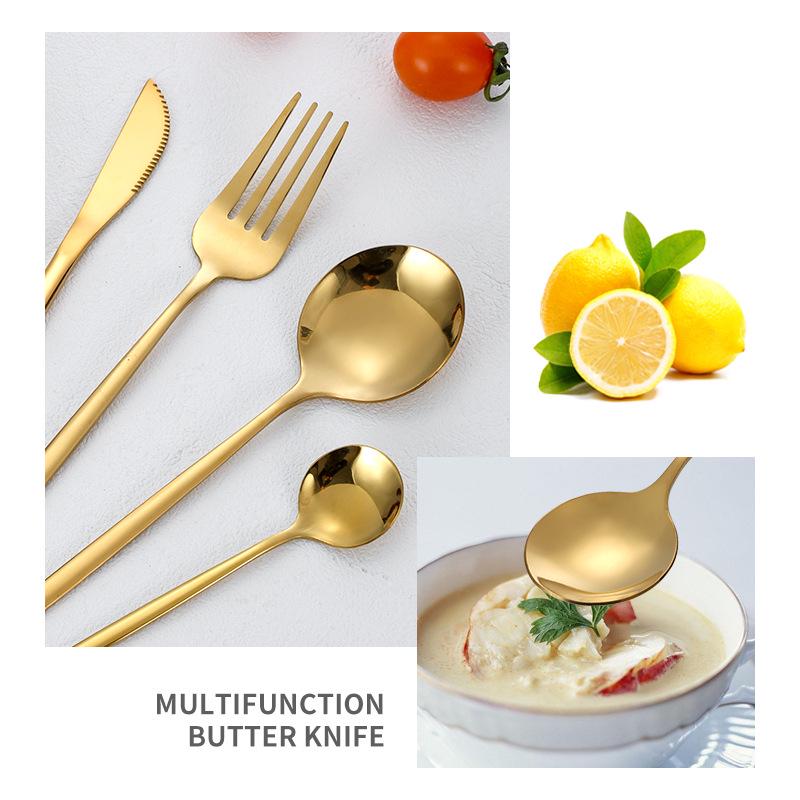 Gold Portuguese Stainless Steel Cutlery Set: Knife, Fork, and Spoon - 4-Piece Western Tableware.