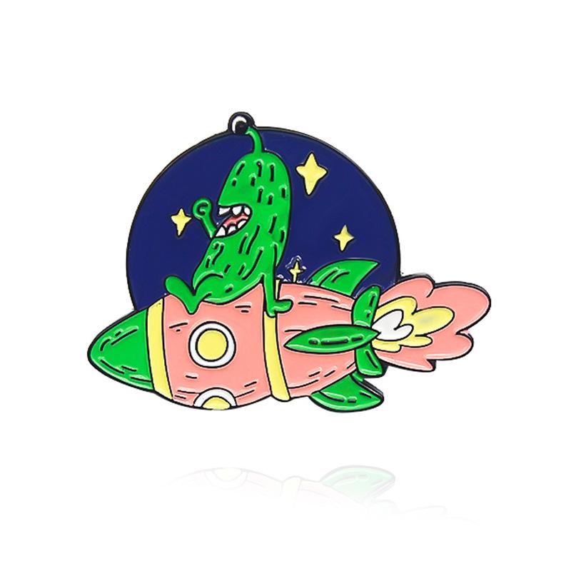 Cartoon Crocodile Brooch: Spaceship, Car & Rocket Adventures with Yellow Cucumber Doll