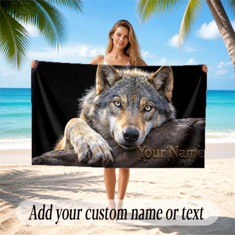 Wolf Theme Beach Towel Personalized Custom Name & Text Soft Quick Dry Beach Towel for Swimming Travel