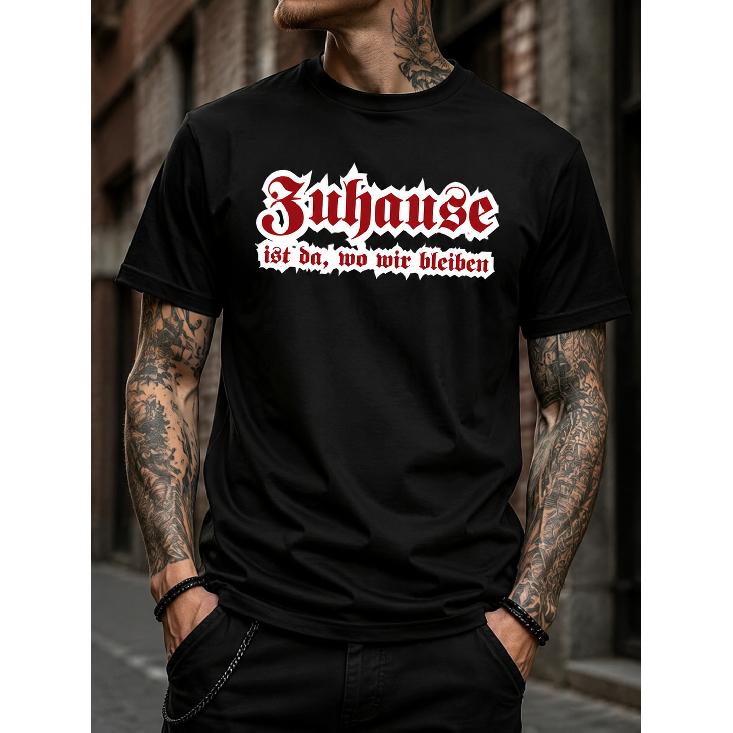 Men s Black Graphic Tee With Gothic German Lettering Print Short Sleeve Crew Neck Casual Streetwear Top For Daily Wear S чёрный