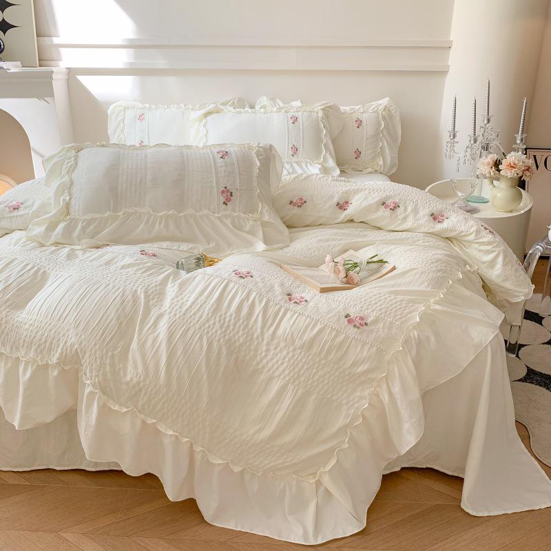 French Seersucker Embroidered Lace Duvet & Sheet Set, 3-Piece Bedding
