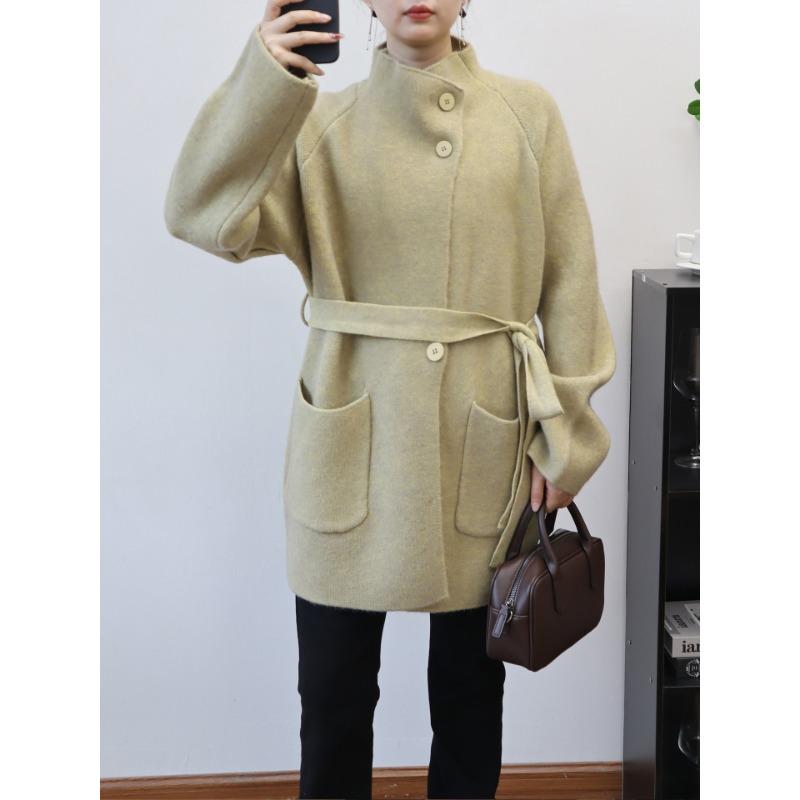 

Осень и зима новый средней длины пояс темперамент вязаный кардиган дизайн чувство однотонный свободный свитер куртка женская One size желто-зеленый