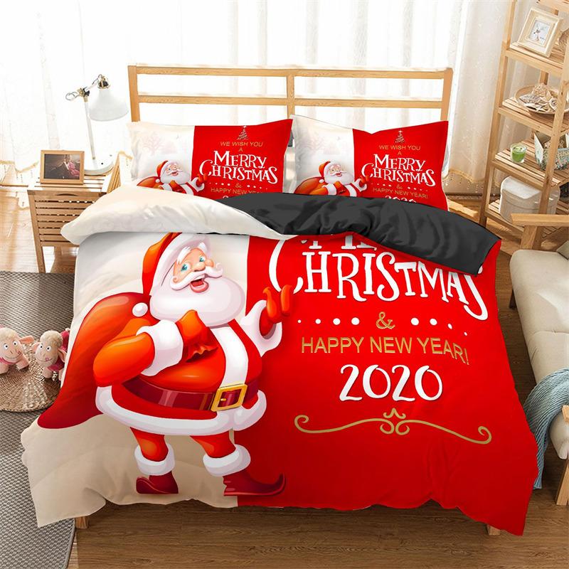 Merry Christmas Duvet Cover King For Boys Girls Microfiber Santa Claus Cute Deer Cartoon Animals Red Plaid 3D Print Bedding Set
