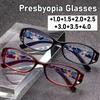 Women'S Fashion Colorful Flower Frame Presbyopia Glasses Elegant Hd Anti-Blue Light Transparent Lens Reading Glasses To +4.0