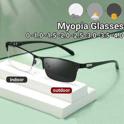 Photochromic Half Frame Myopia Glasses Men Outdoor Color Changing Blue Light Blocking Eye Protection Business Eyewear
