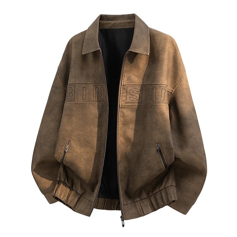 American retro men's leather jacket locomotive tooling loose old money street simple trend top leather jacket men