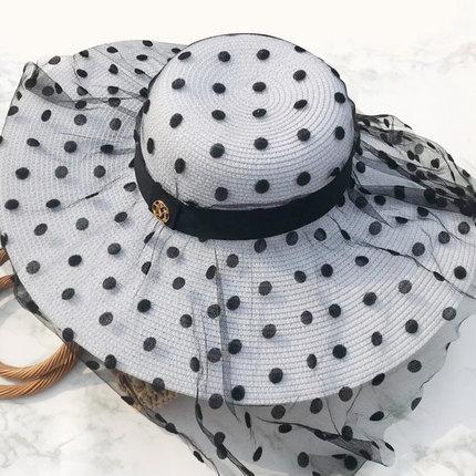 Women's Floppy Straw Hat Wide Brim Polka Dot Lace Sheer Beach Sun Hat Summer