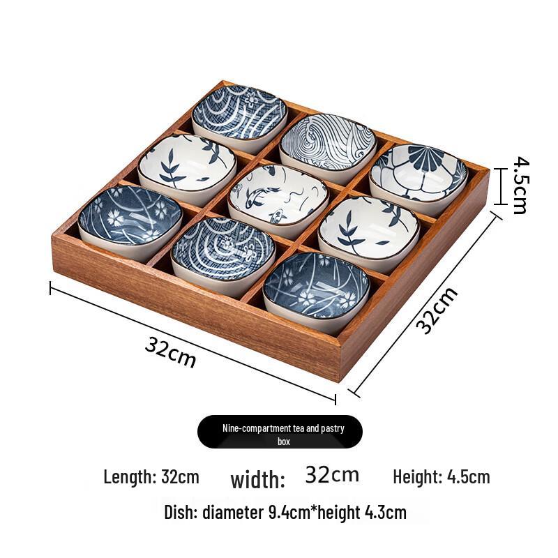 Nine-Grid Wooden Chinese Tea Snack Tray