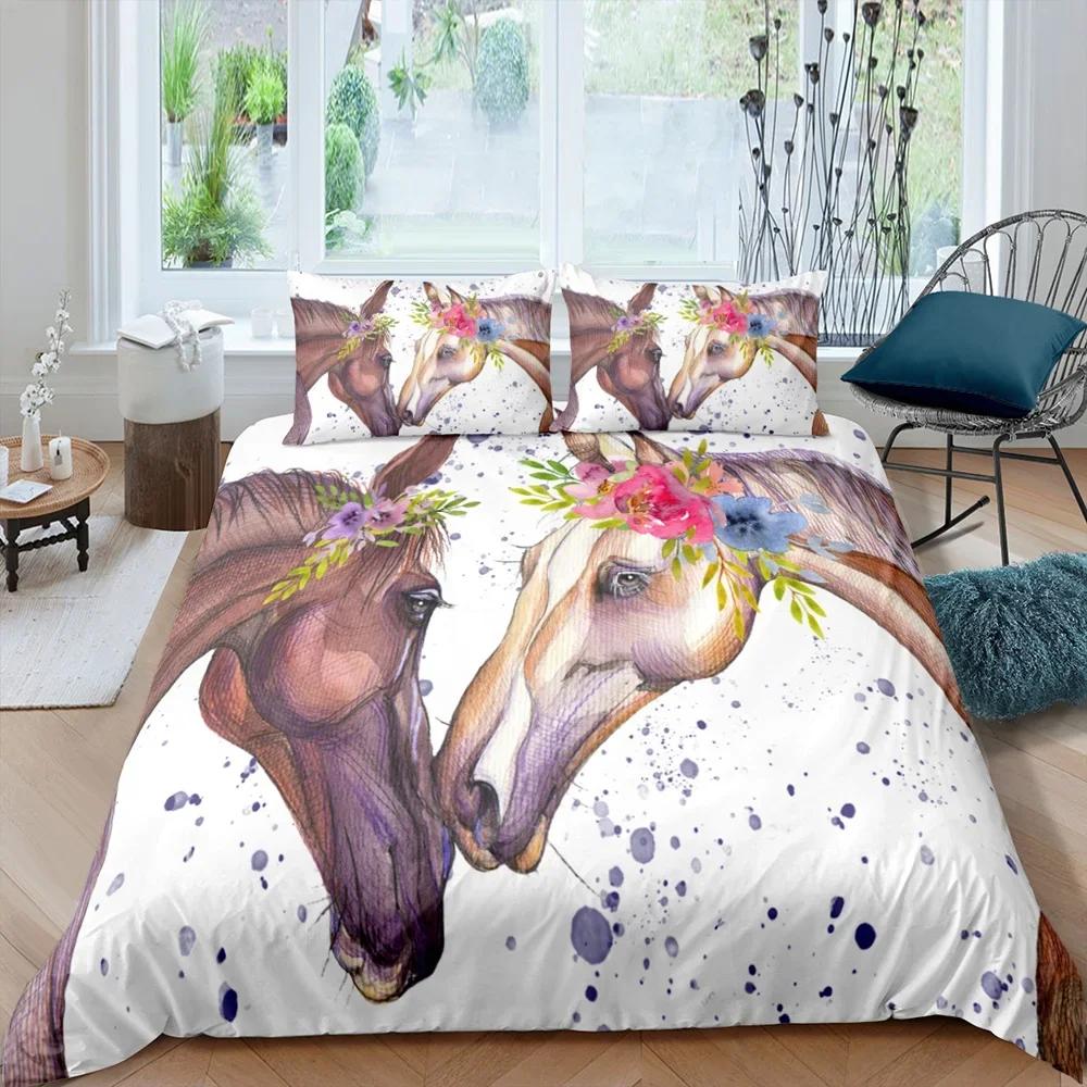 3D Horse Duvet Cover King Queen Size Yellow Sunflower Bedding Set Floral Animal Theme Quilt Cover Wildlife Soft Comforter Cover
