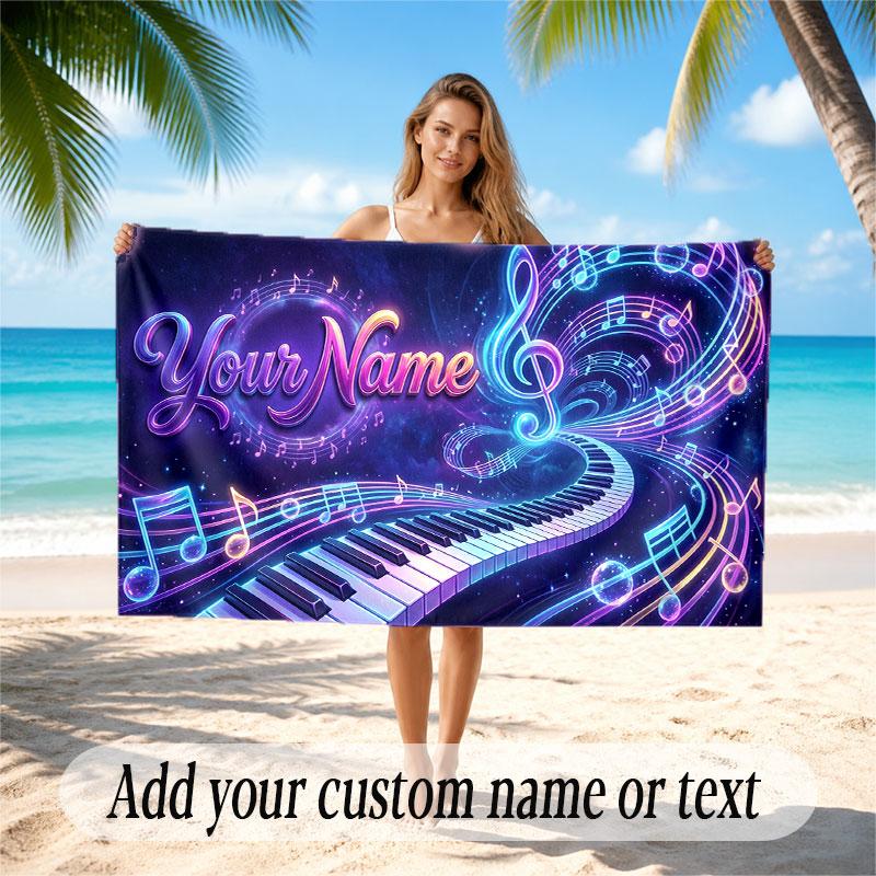 Music Piano Theme Beach Towel Personalized Custom Name & Text Soft Quick Dry Beach Towel for Swimming Travel
