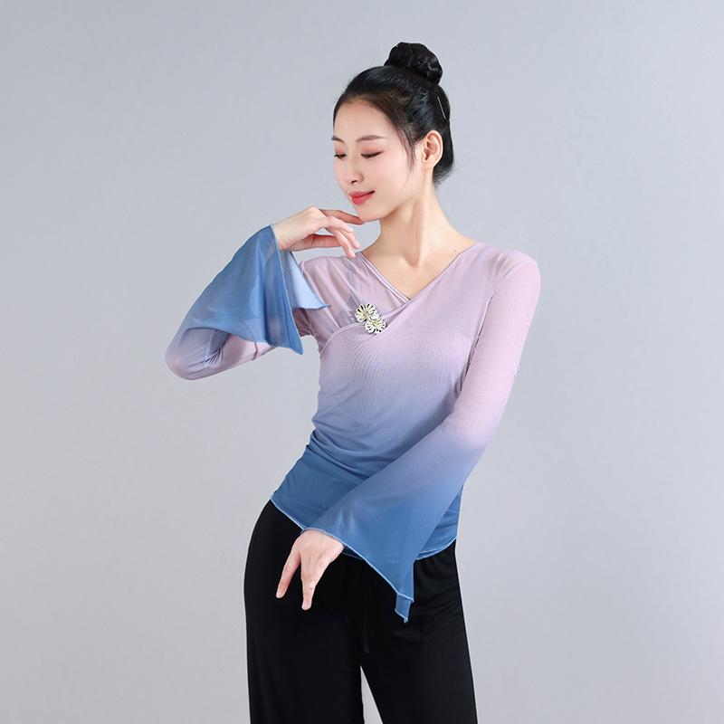

Slim Fit Long Sleeve Gradient Gauze Bodice Women s Ethnic Dance Costume Top for Classical Dance and Intensive Training S