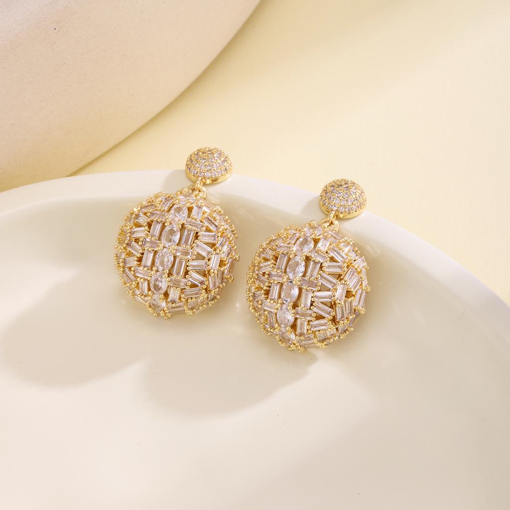 Nidin Light Luxury 3D Ball Drop Earrings For Women Shiny Baguette Cubic Zirconia Paved Round Wedding Party Prom Jewelry Gifts