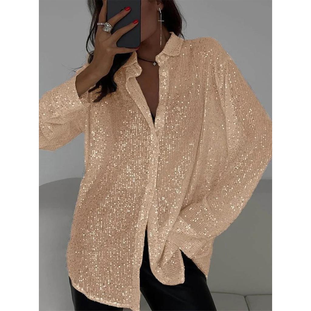 Chemisier ample à paillettes pour femme, cardigan décontracté à revers, nouveau vêtement d'extérieur, blouse de fête à paillettes, chemise de luxe pour femme