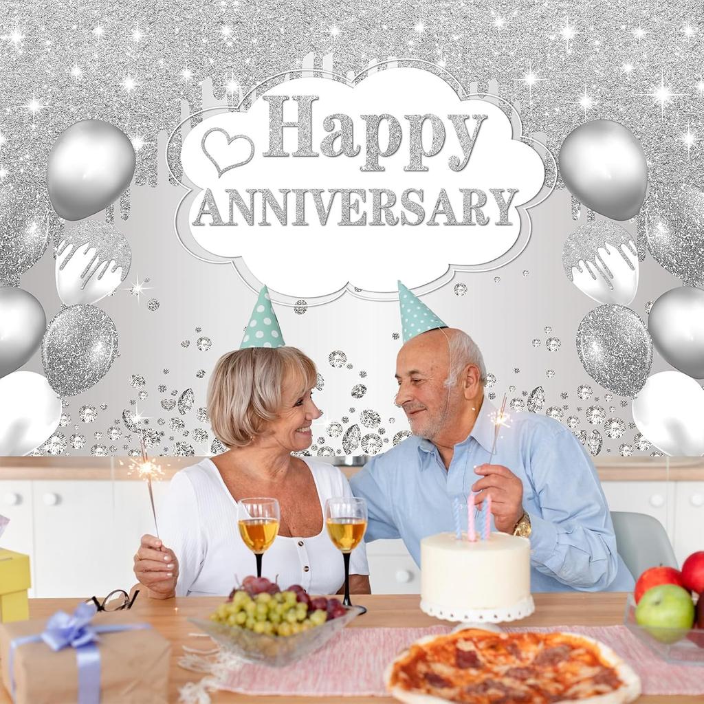 Silver Anniversary Banner, 10th-60th Wedding Anniversary Decorations, 72 X 44 Inches