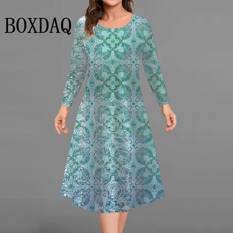 Fashion Elegant Women Dresses Autumn Winter Long Sleeve Loose Casual Flowers 3D Printed Dress Plus Size