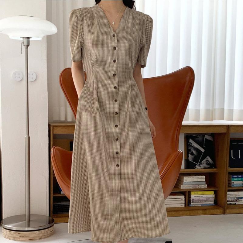 

Французская женская одежда Ретро Элегантное платье с V-образным вырезом на одной пуговице One Size коричневый