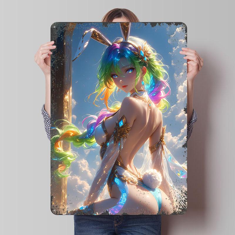 Anime Girl With Rainbow Hair Tinplate Poster Customized Wall Art Vintage Retro Metal Signs for Decoration At Home Office Decor