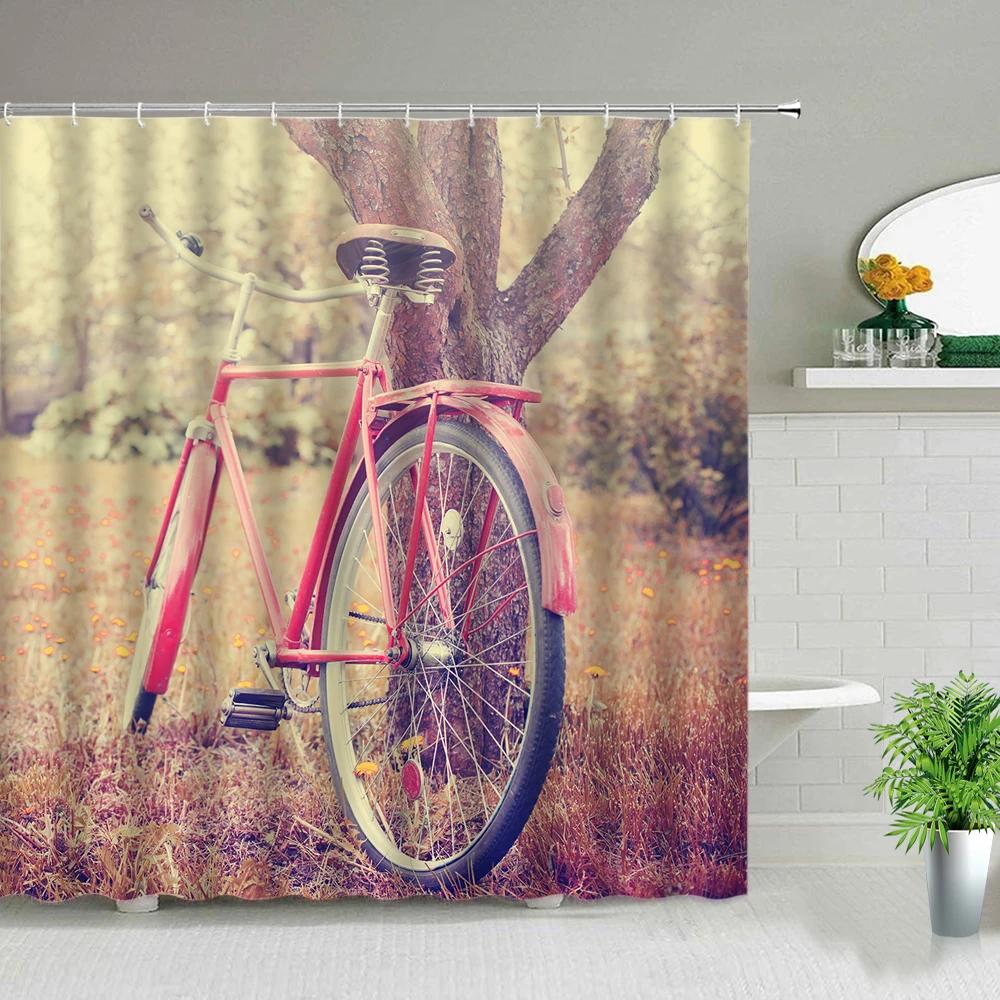 Retro Old Street Building Bicycle Landscape Shower Curtains European Style Poster Bathroom Curtain Waterproof Fabric With Hooks
