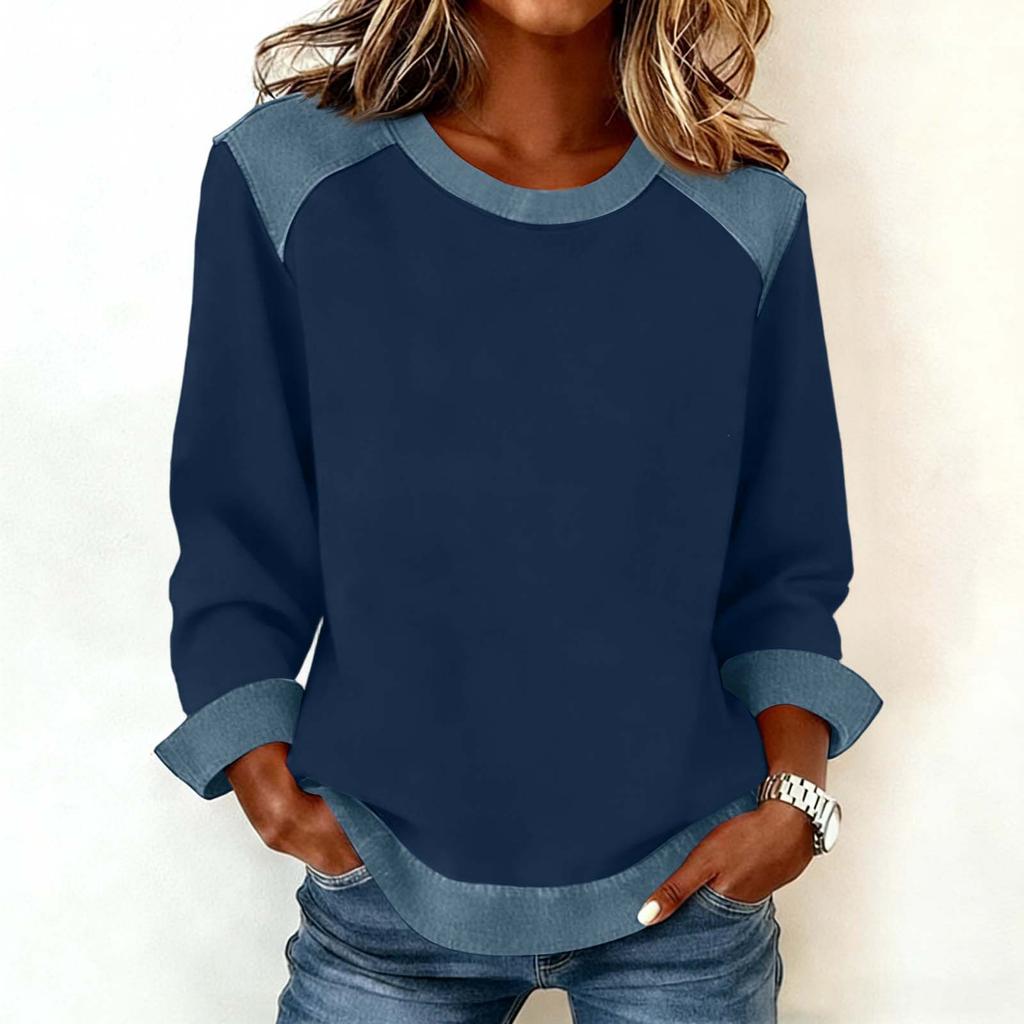 Damen Jeanskragen Patchwork Nähte Sweatshirt Lässig Pullover Langarmshirts