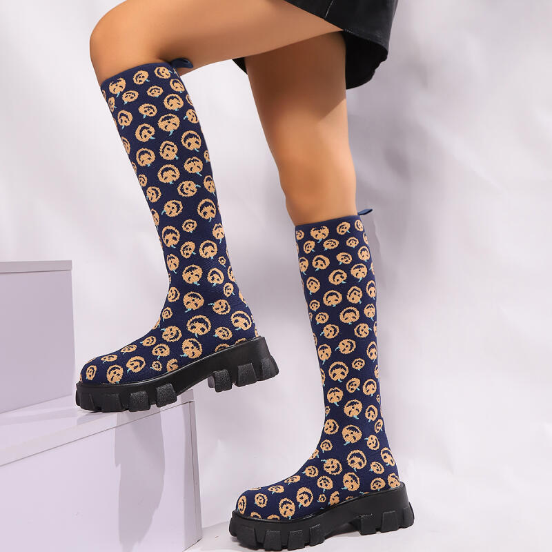 Sexy Red Thick Bottom Knit Socks Boots Women 2025 Autumn Chunky Platform Knee High Boots Party Nightclub Shoes for Woman Size43