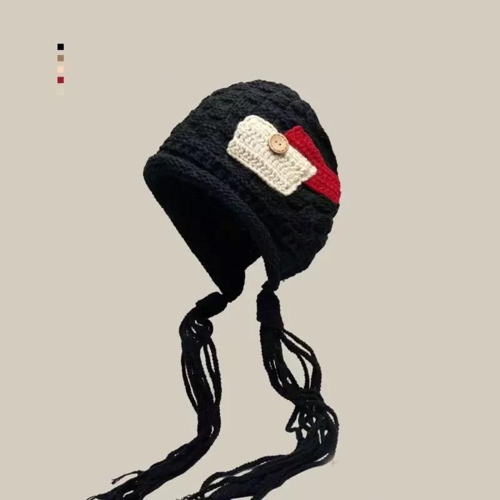 Wool Knit Beanies Long Tassels Ear Protection Hat Sweet Lei Feng Hat Autumn чёрный
