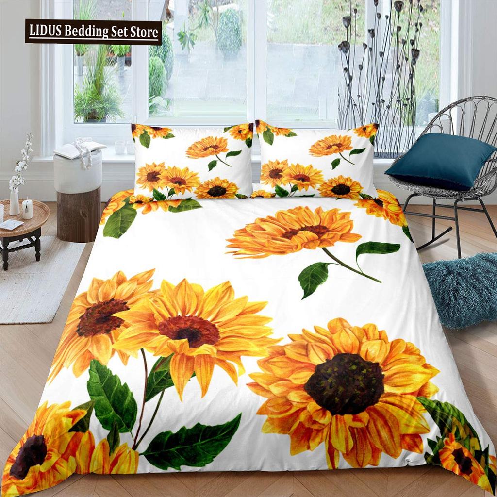 Vintage Sonnenblumen Bettbezug Set Buchstaben Bettwäsche Set Buchstaben Und Sonnenblumen Gedruckt Retro Mädchen Queen Size 2/3tlg. Bettdeckenbezug